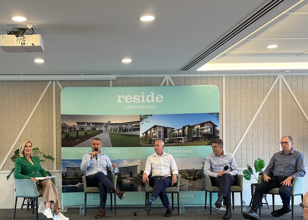 Samford Grove’s final stage promotional panel including journalist Kay McGrath, Reside Communities CEO Glen Brown, Reside Communities Chief Operating Officer Craig Syphers, Five Good Friends CEO, Simon Lockyer and future Samford Grove resident.