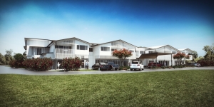 Render of Samford Grove's new townhome apartments with timer accents and five cars parked out the front.